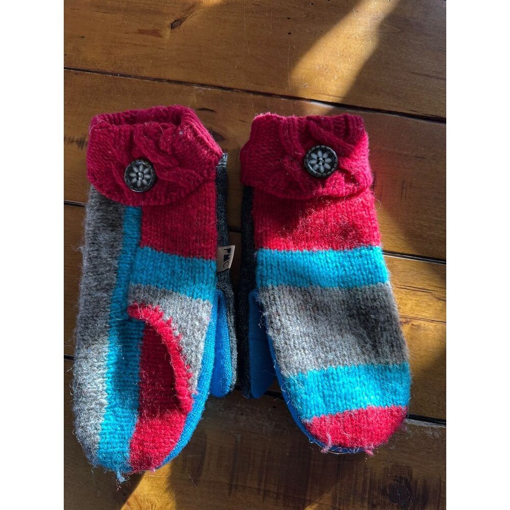 Handcrafted Wool Blend Mittens With Fleece Lining & Button Detail - Striped Red